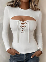 Women's Gradient Leopard Print Cut-out Crew Neck Lace-up Long-sleeve Slim-fit Casual Top