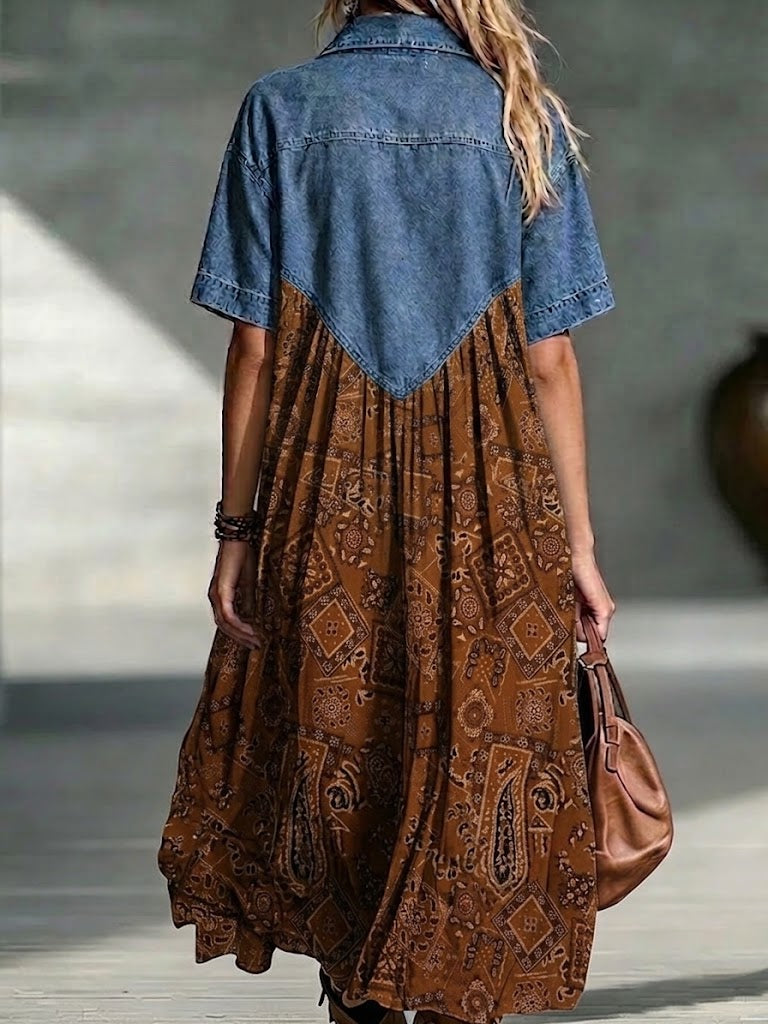 Vintage-style Patchwork Denim Midi Shirt Dress Featuring A Paisley Print.