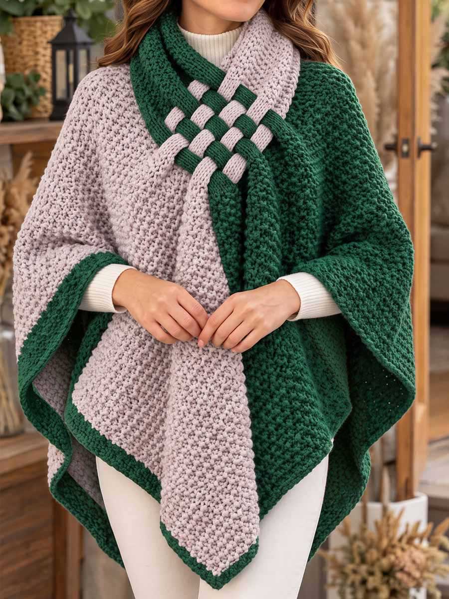 Women's Two-tone Woven Knot Knit Poncho