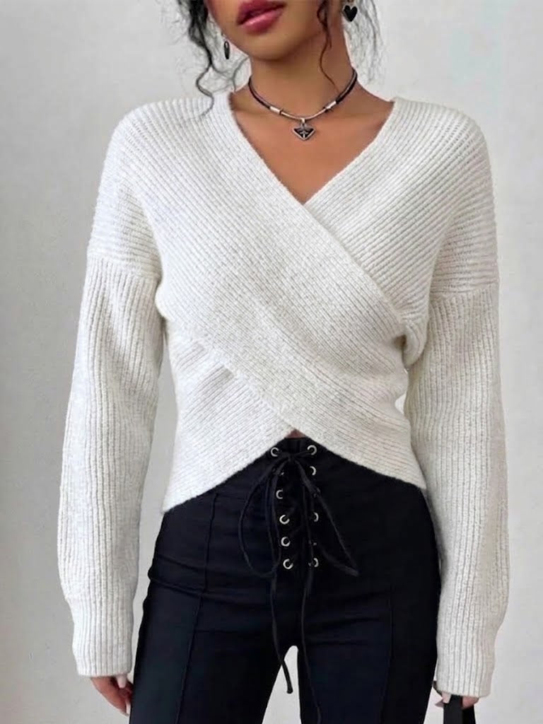 Solid-color Off-shoulder Knit Top With A Crossover V-neck