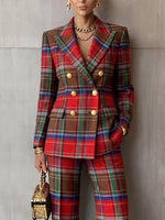 Classic Red Tartan Plaid Double-Breasted Blazer Jacket