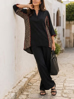 Chic Leopard Panel Red Trim V-neck Blouse