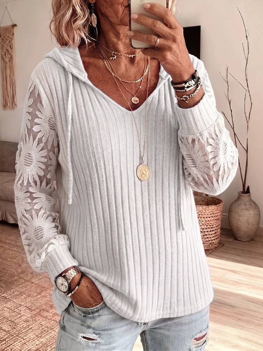 Solid-color Hooded Long-sleeve Lace-knit Top With Cut-out Details