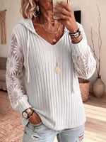 Solid-color Hooded Long-sleeve Lace-knit Top With Cut-out Details