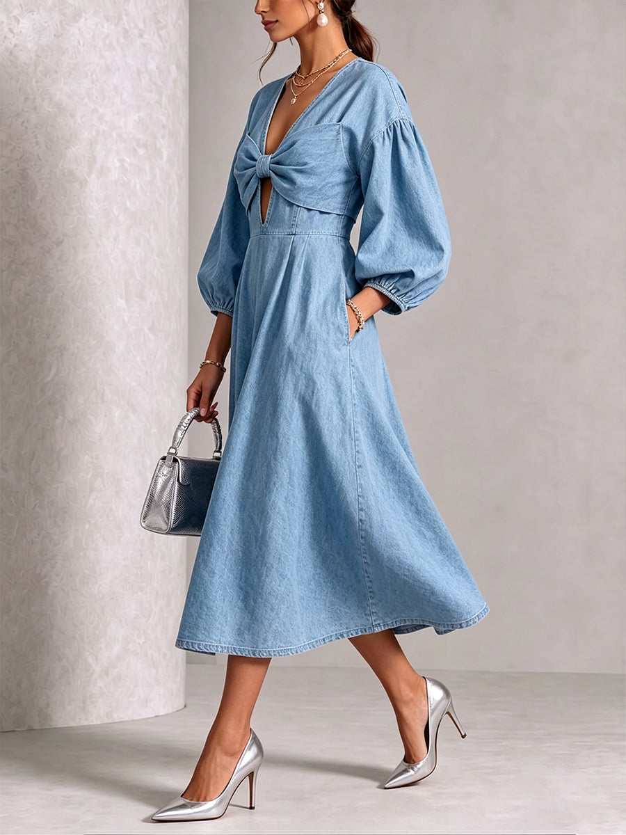 Chic Washed Denim Bow-Front Midi Dress