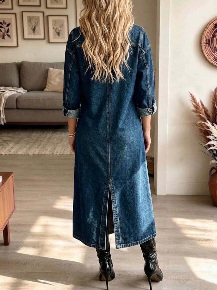 Plaid-paneled Denim Maxi Skirt With Side Slits