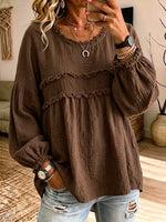 Casual Raw-edge Ruffled Cotton-linen Blend Pleated Top