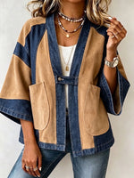 Casual Paneled Faux Suede And Denim Cardigan Jacket