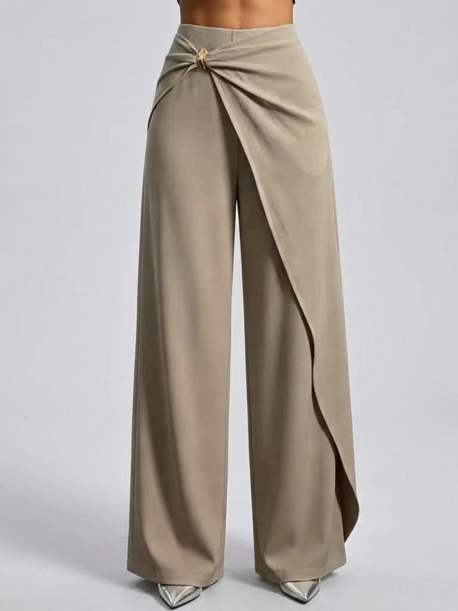 High Waist Twisted Metal Buckle Asymmetric Draped Wide Leg Pants