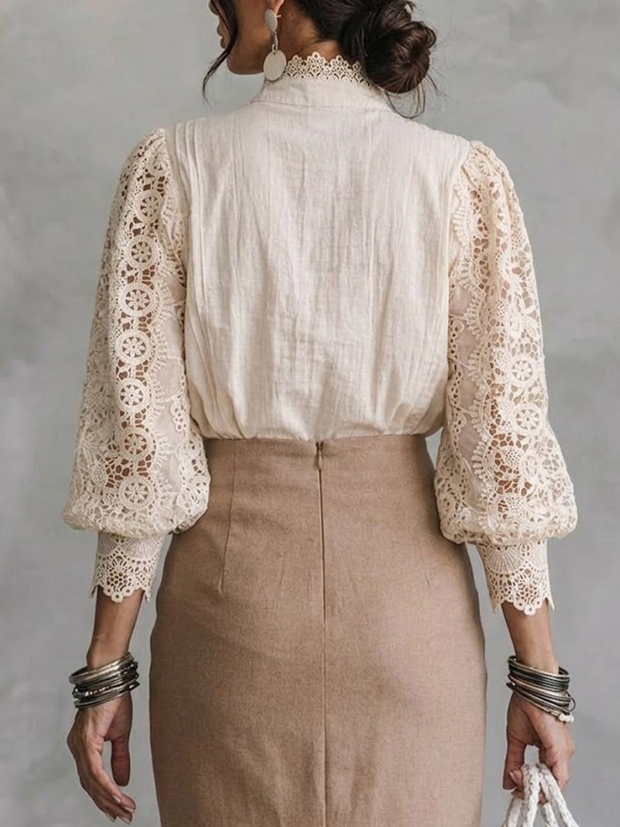 Vintage Stand Collar Hollow Lace Spliced Pearl Button Lantern Sleeve Blouse