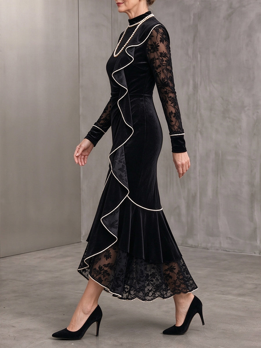 Chic Mock-Neck Velvet & Sheer Velvet Ruffle Midi Dress