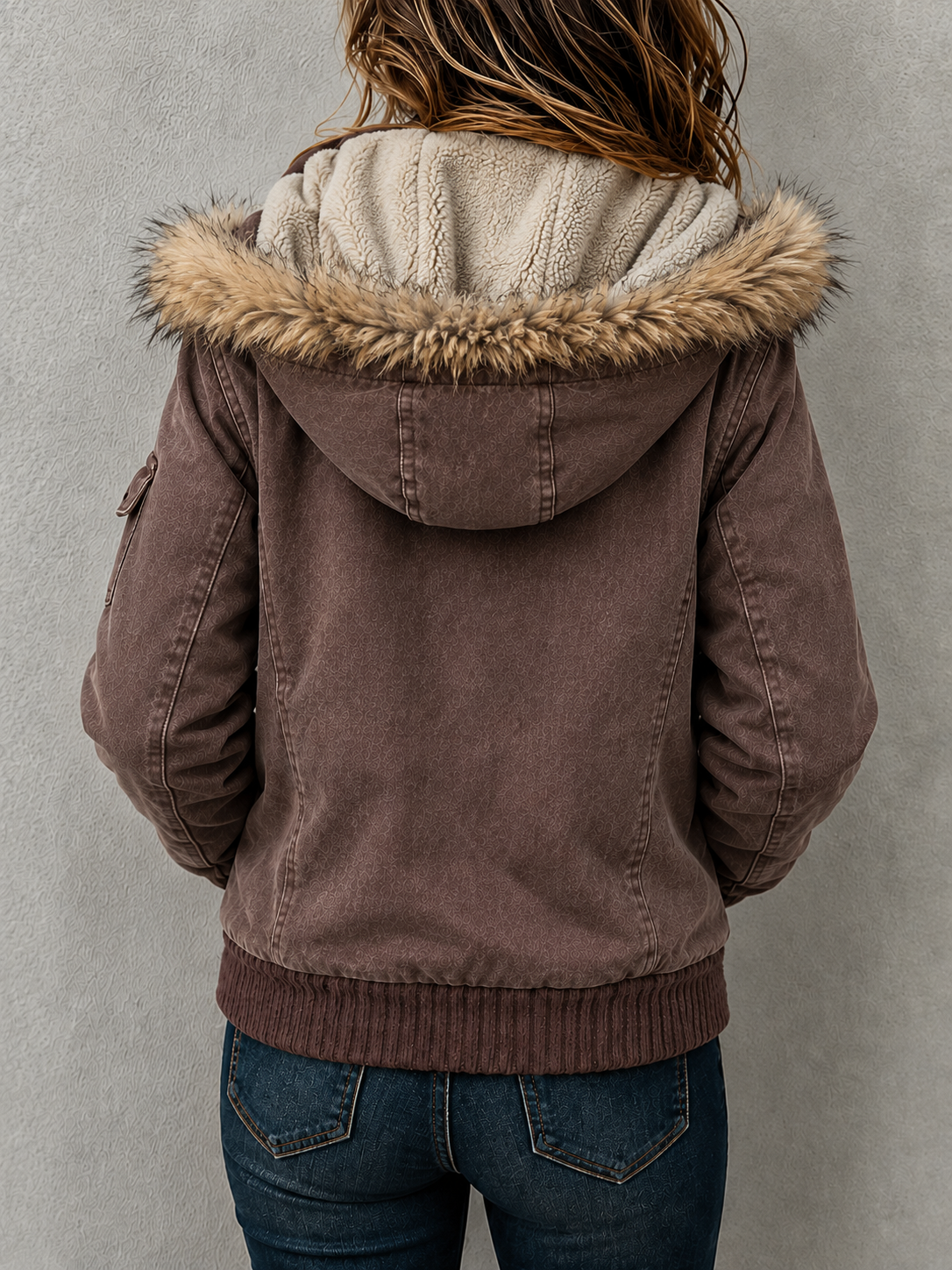 Casual Faux Fur-trimmed Hooded Bomber Jacket With Faux Shearling Lining