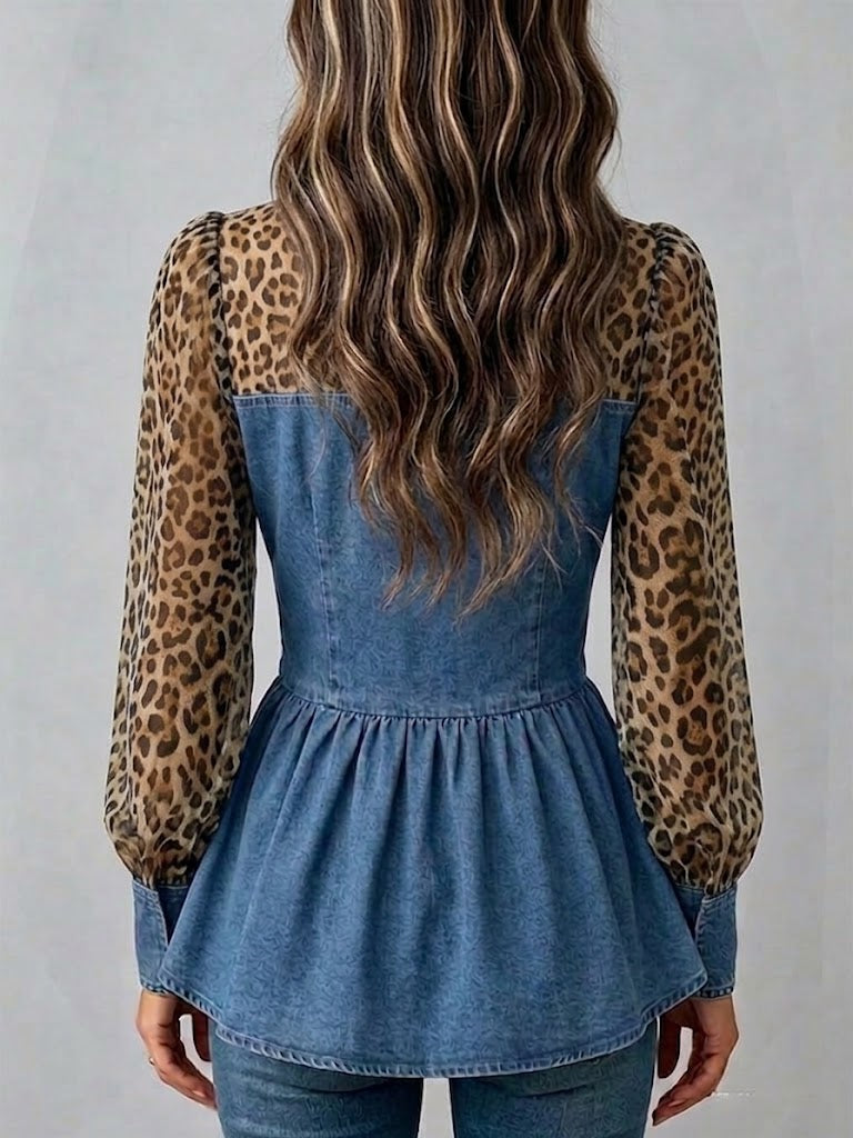 Stylish Casual Denim Shirt With Leopard-print Chiffon Paneling And Zipper Detail