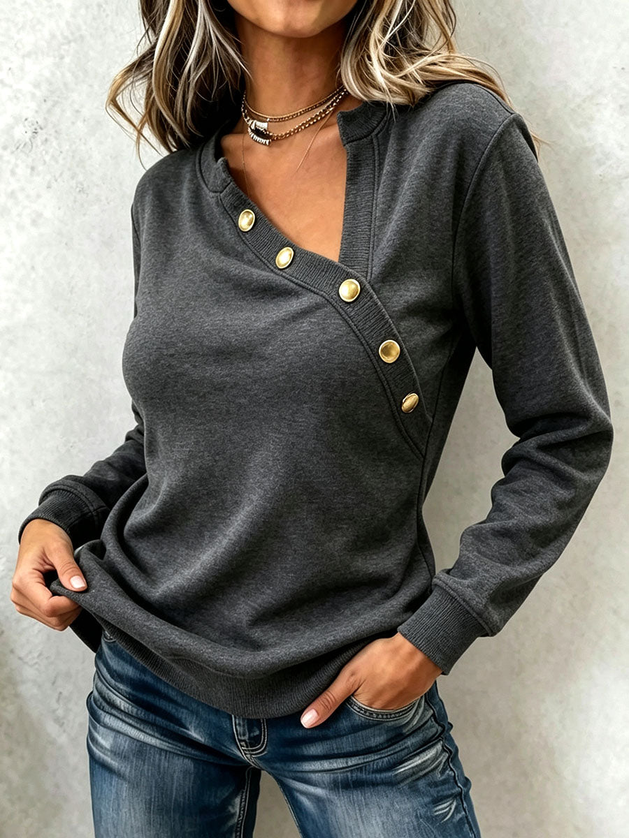 Chic Casual Charcoal Grey Asymmetrical Button-up Sweatshirt