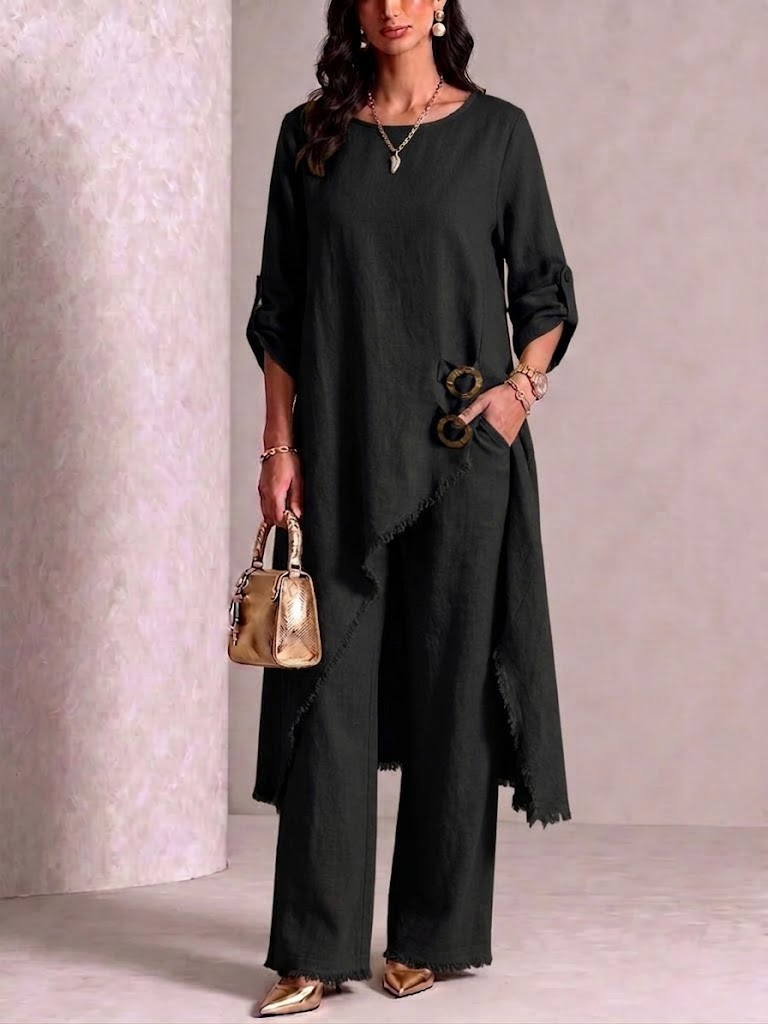 Loose-fit Asymmetric Robe Set With Metal Clasp Detail