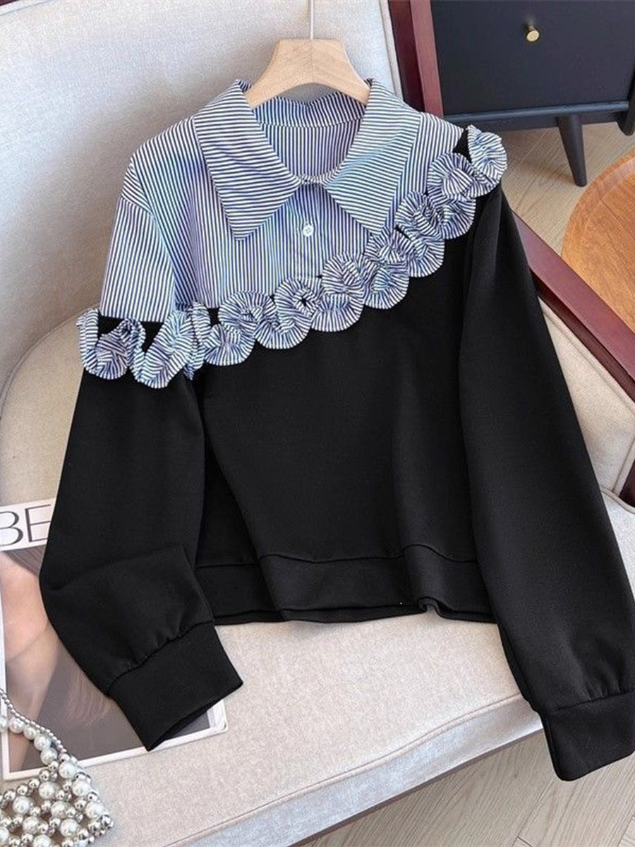 Casual Cotton Sweatshirt With Striped Ruffle Panels