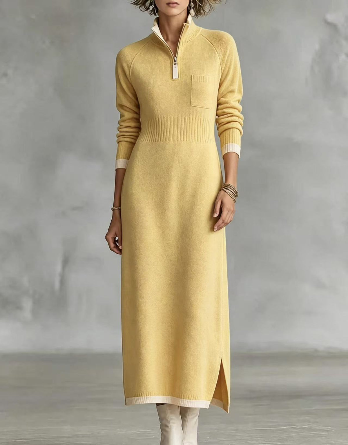 Chic Color-block Trim Quarter-zip Knit Midi Dress