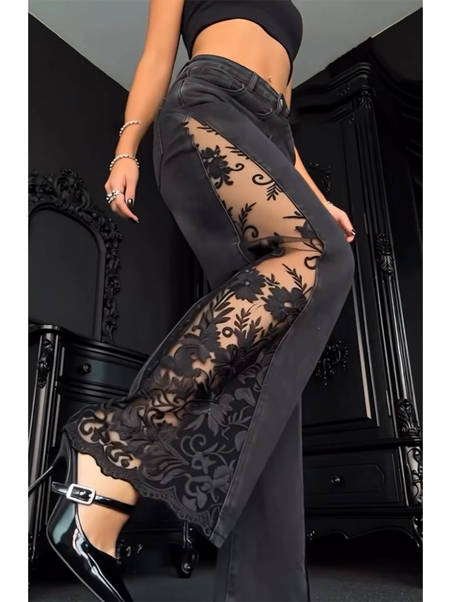 Black Lace-paneled Flared Jeans