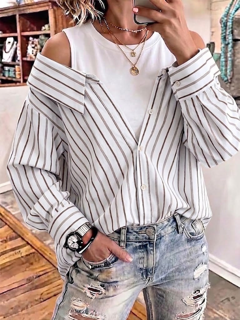 Striped Blended Off-shoulder Shirt With A Layered Look