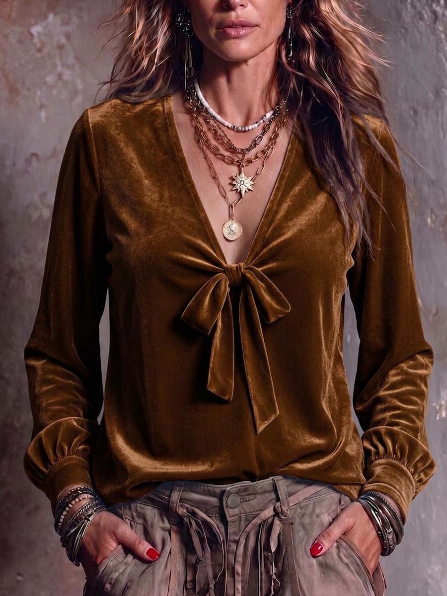 Women's Solid Color V-neck Tie-waist Long Sleeve Casual Loose Velvet Top