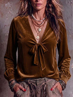 Women's Solid Color V-neck Tie-waist Long Sleeve Casual Loose Velvet Top