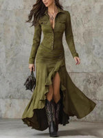 Women's Solid Color Lapel Long-sleeved Casual Loose A-line Slit Dress