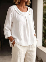 Asymmetrical Button Collar Linen Three-Quarter Sleeve Blouse