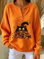 Cozy Orange Black Cat Autumn Knit Pullover