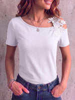 Women's Solid Color Off-shoulder Short-sleeved Embroidered Patchwork Top