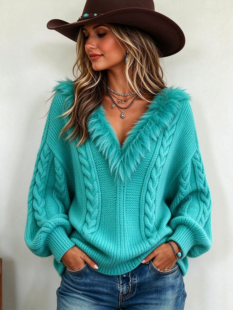 Boho Chic Oversized Faux Fur Trim Cable Knit Sweater