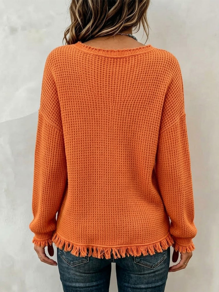 V-neck Waffle-knit Long-sleeve Top With Frayed Fringe Details