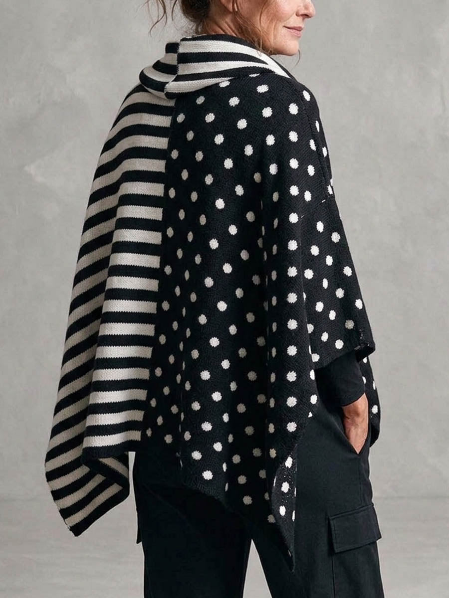 Women's Black And White Polka Dot And Striped Poncho Sweater