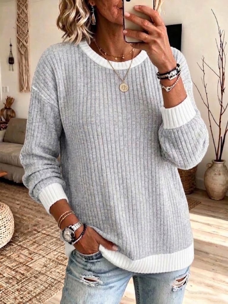Loose-fit, Color-block, Ribbed-knit Top With A Crew Neck