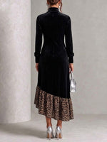 Casual And Comfortable Loose-fitting Long-sleeve Dress With Leopard Print Panels