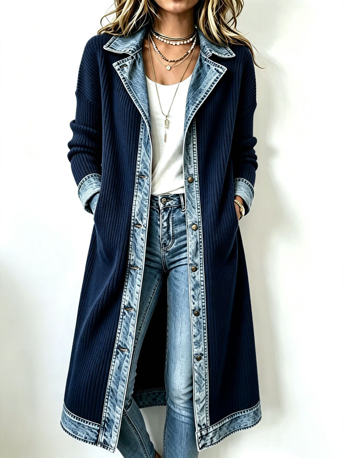 Casual Long-line Knit Cardigan With Denim And Ribbed Paneling