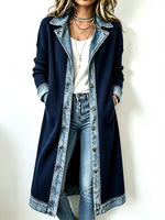 Casual Long-line Knit Cardigan With Denim And Ribbed Paneling