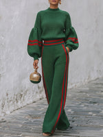Chic Emerald Green Striped Wide-Leg Knit Pants