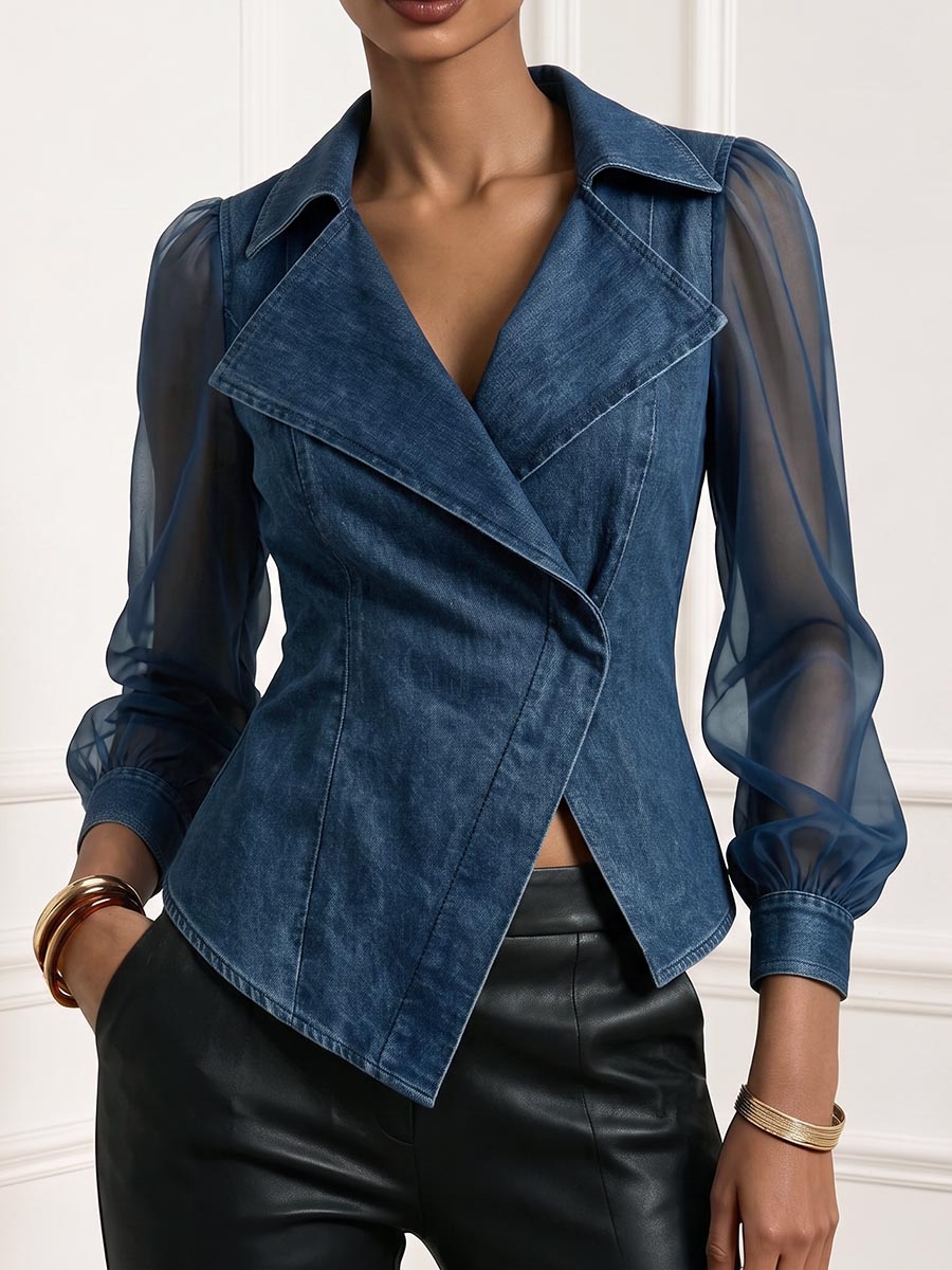 Women's Collared Long-sleeved Chiffon And Denim Patchwork Top