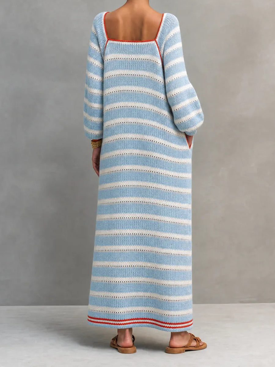 Chic Square-neck Striped Cut-out Knit Maxi Dress