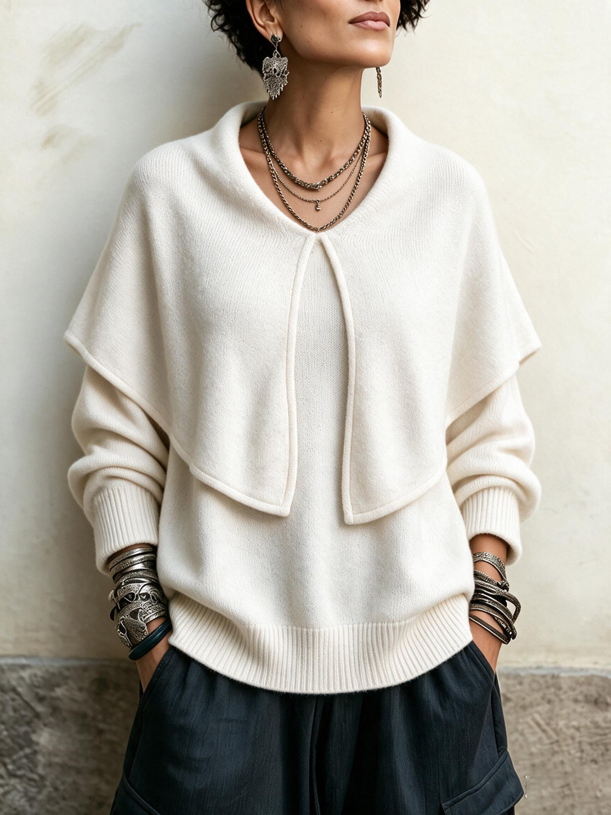 Elegant Layered Shawl Collar Knit Pullover
