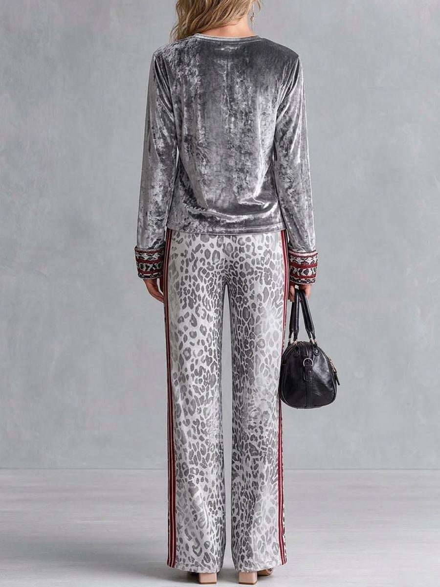 Women's Leopard Print Wide Leg Pants With Red Side Stripes