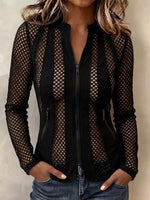 Long-sleeve Top With A Stand Collar, Zipper, And Mesh Paneling