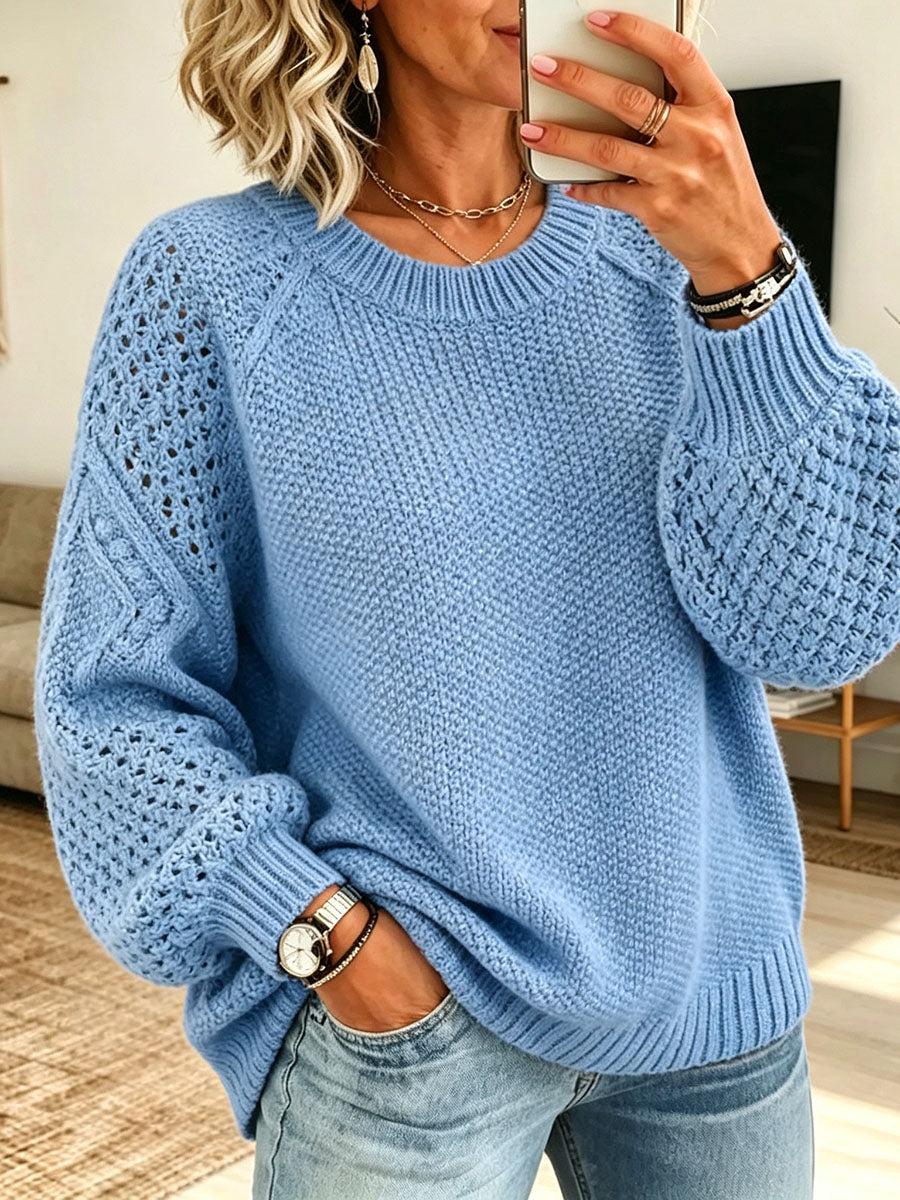 Cozy Hollow-out Cable-knit Crew-neck Sweater