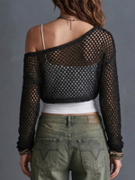 Asymmetric Off Shoulder Hollow Mesh Cropped Long Sleeve Knit Cover Up