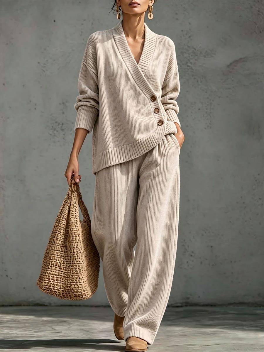 Women's Ribbed Knit Two-piece Lounge Set With Asymmetrical Buttons