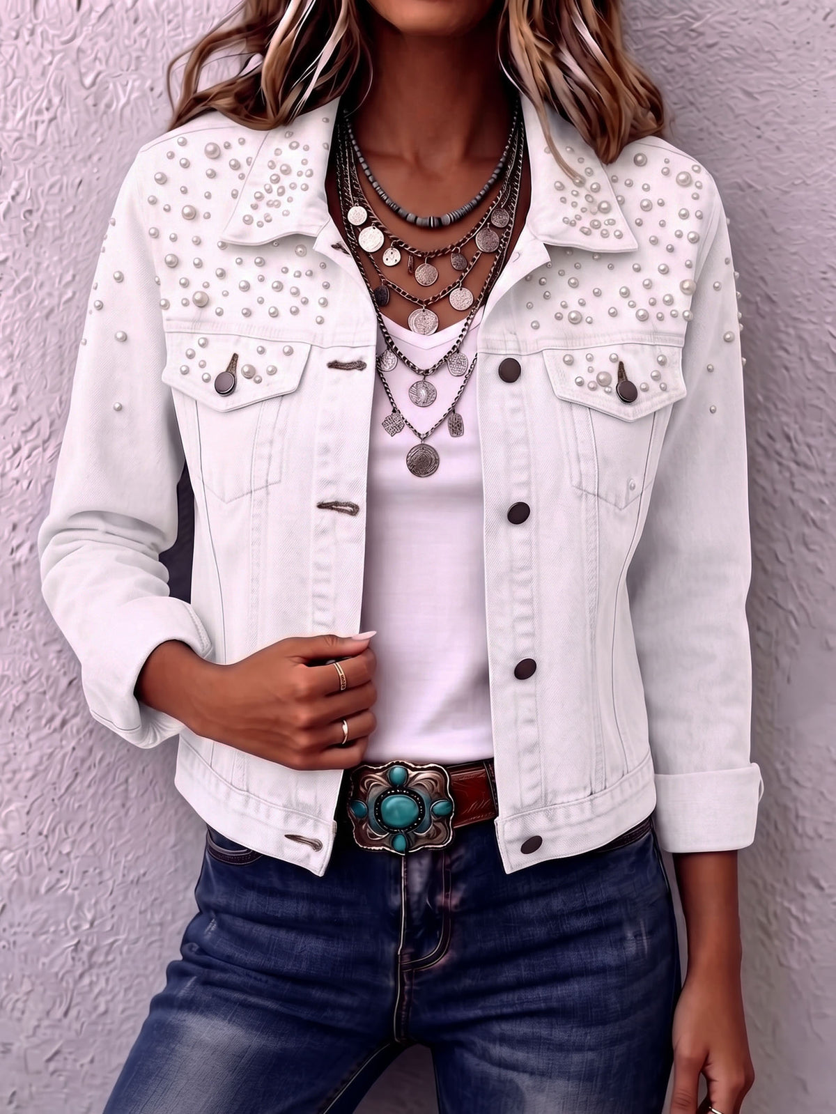 Chic Trendy Pearl Beaded Denim Jacket