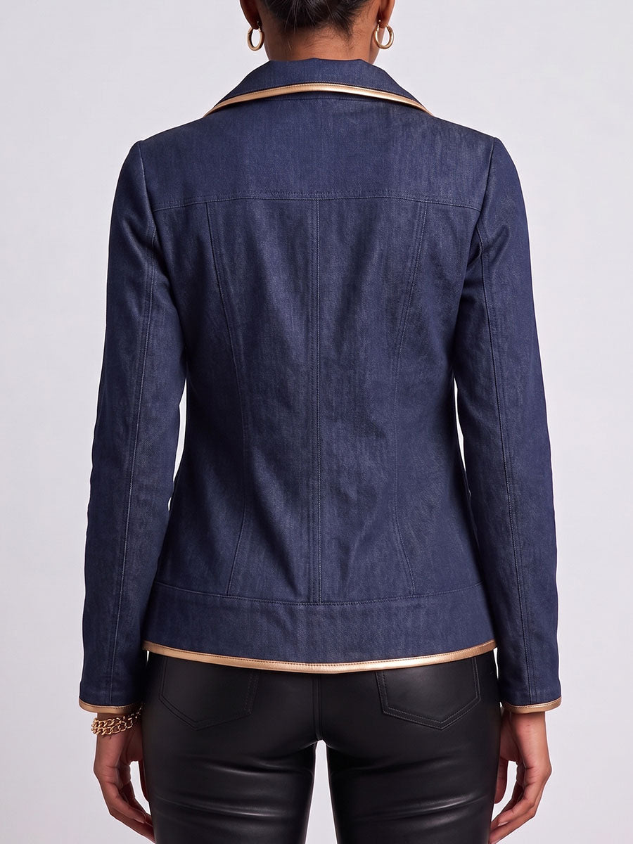 Women's Collared Long-sleeved Round Metal Cutout Casual Loose Denim Cardigan