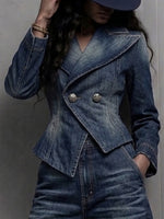 Chic Washed Denim Double-Breasted Peplum Blazer