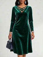 V-neck Crisscross Strap Velvet Long Sleeve Dress