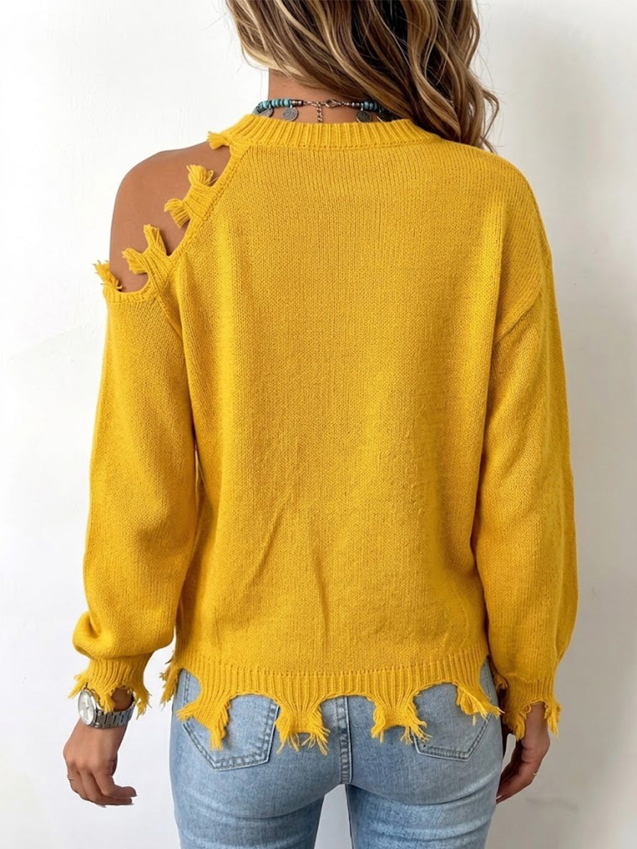 Distressed Frayed One‑side Cold‑shoulder Knit Sweater